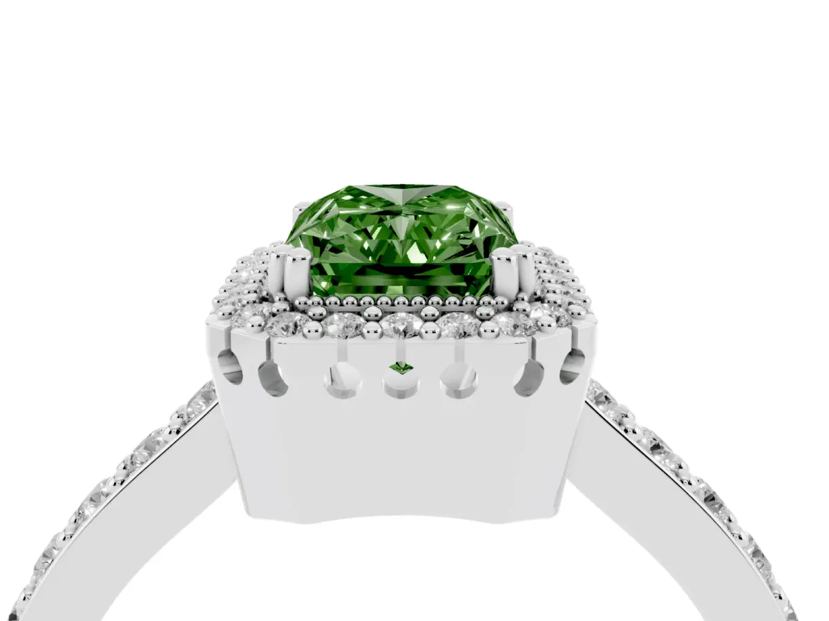 Fancy Green Radiant Cut Cut Diamond Halo Engagement Ring with Milgrain Detail and Pavé Band Silver