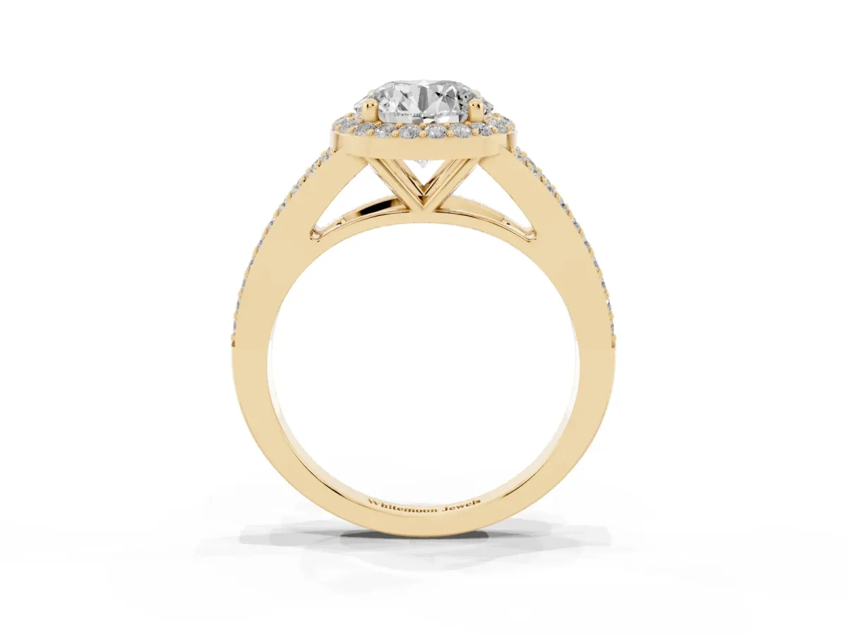 Round Cut Halo Split Shank Pave Diamond Ring with Four-Prong Setting Yellow gold