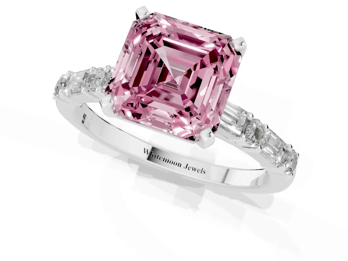 Fancy Pink Asscher Cut Diamond Solitaire with Side Baguettes and Channel Set Band Silver