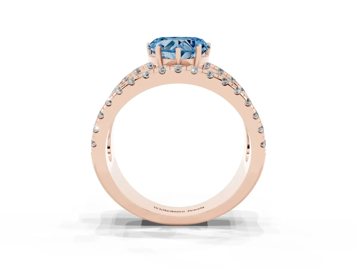 Fancy Blue Heart Cut Solitaire Split Shank Pave Diamond Ring Rose gold