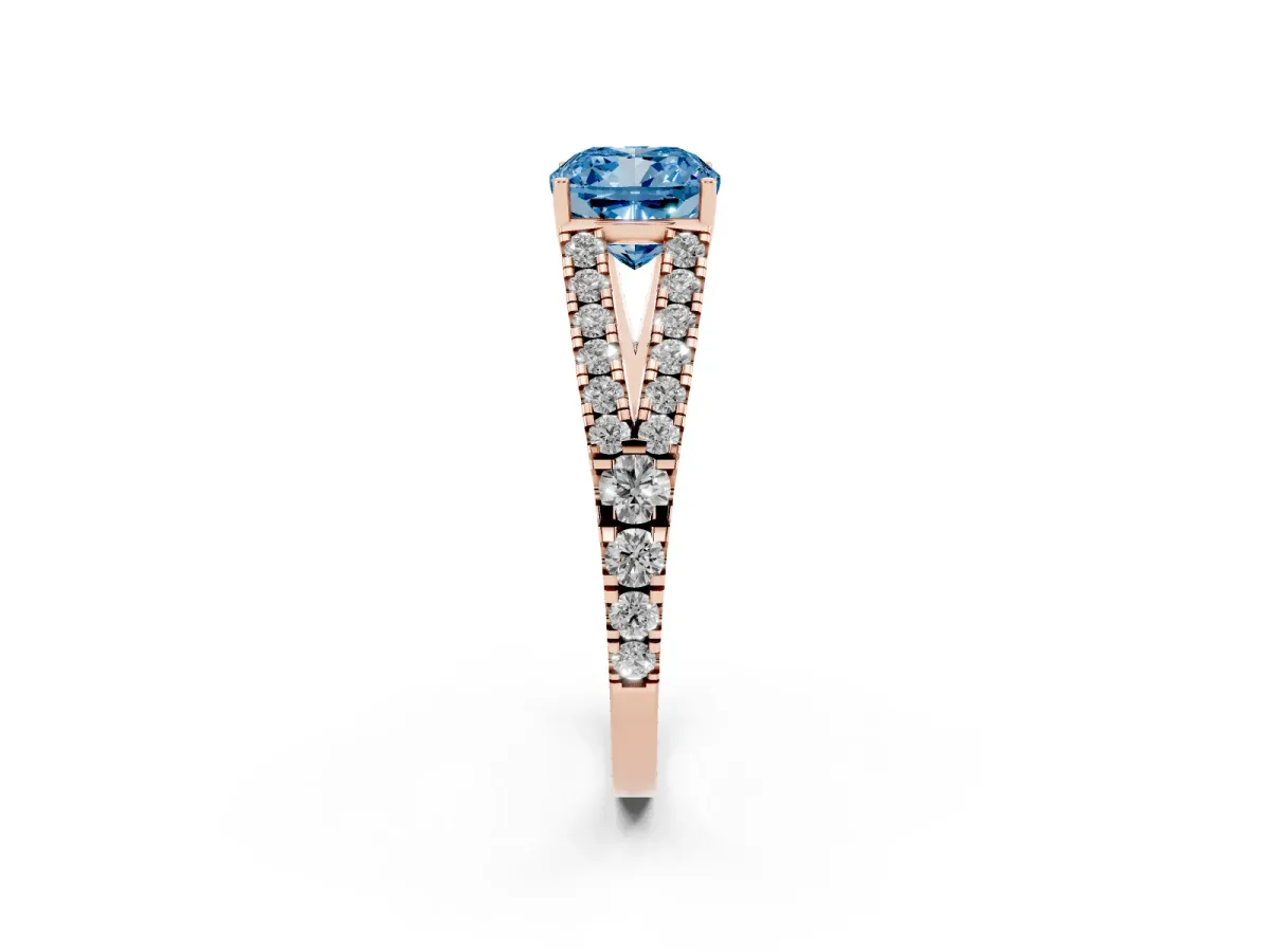 Fancy Blue Cushion Cut Diamond Split Shank Engagement Ring with Round Pavé and Prong Setting Rose gold