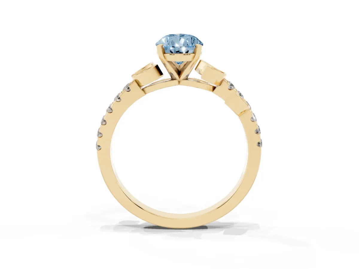 Fancy Blue Pear Cut Solitaire Leaf-Inspired Diamond Ring with Pavé Band and Four-Prong Setting Yellow gold