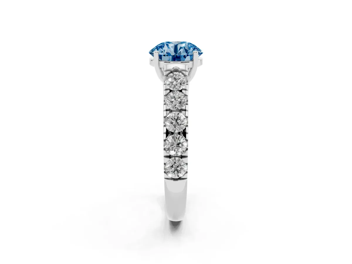 Fancy Blue Round Cut Cut Diamond Solitaire Ring with Micro Pave Band and Prong Setting Silver