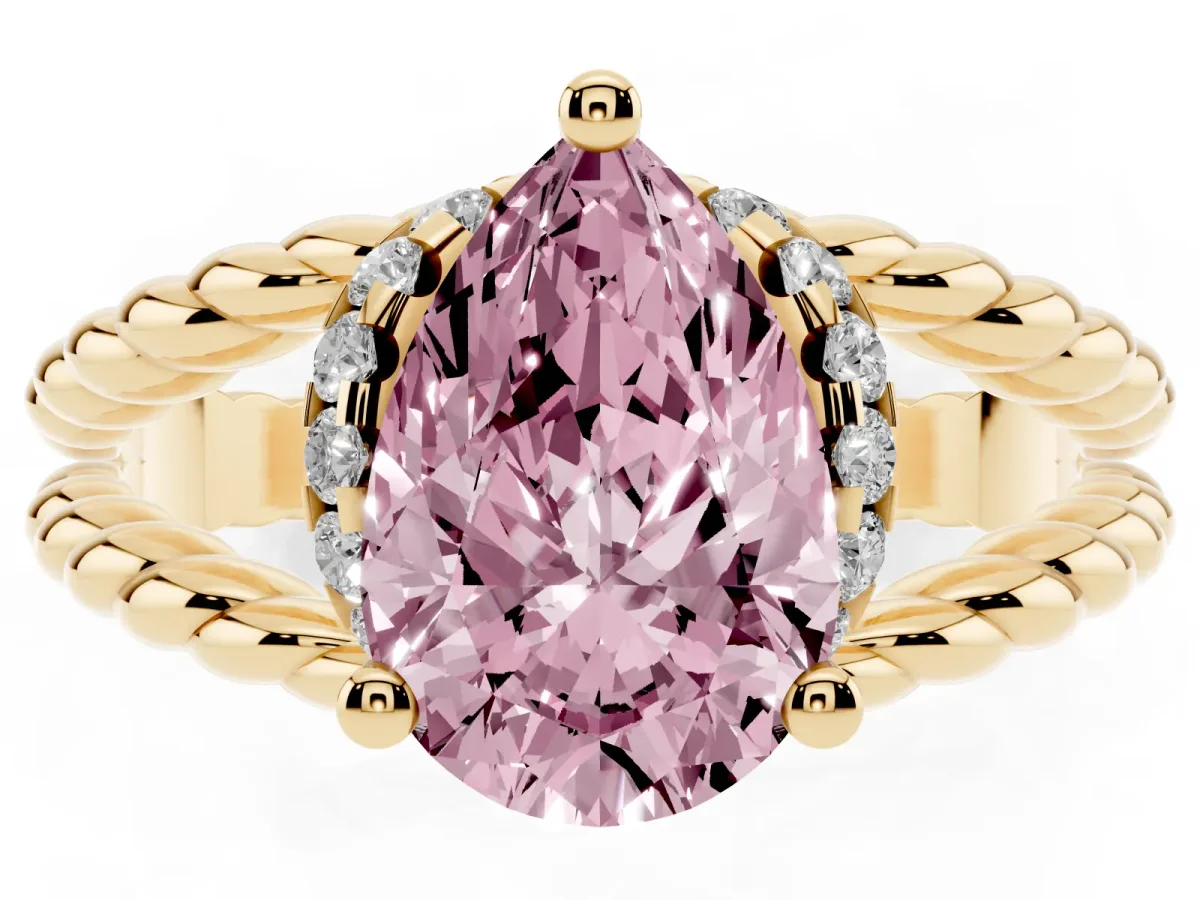Fancy Pink Pear Cut Halo Twisted Band Four-Prong Ring Yellow gold