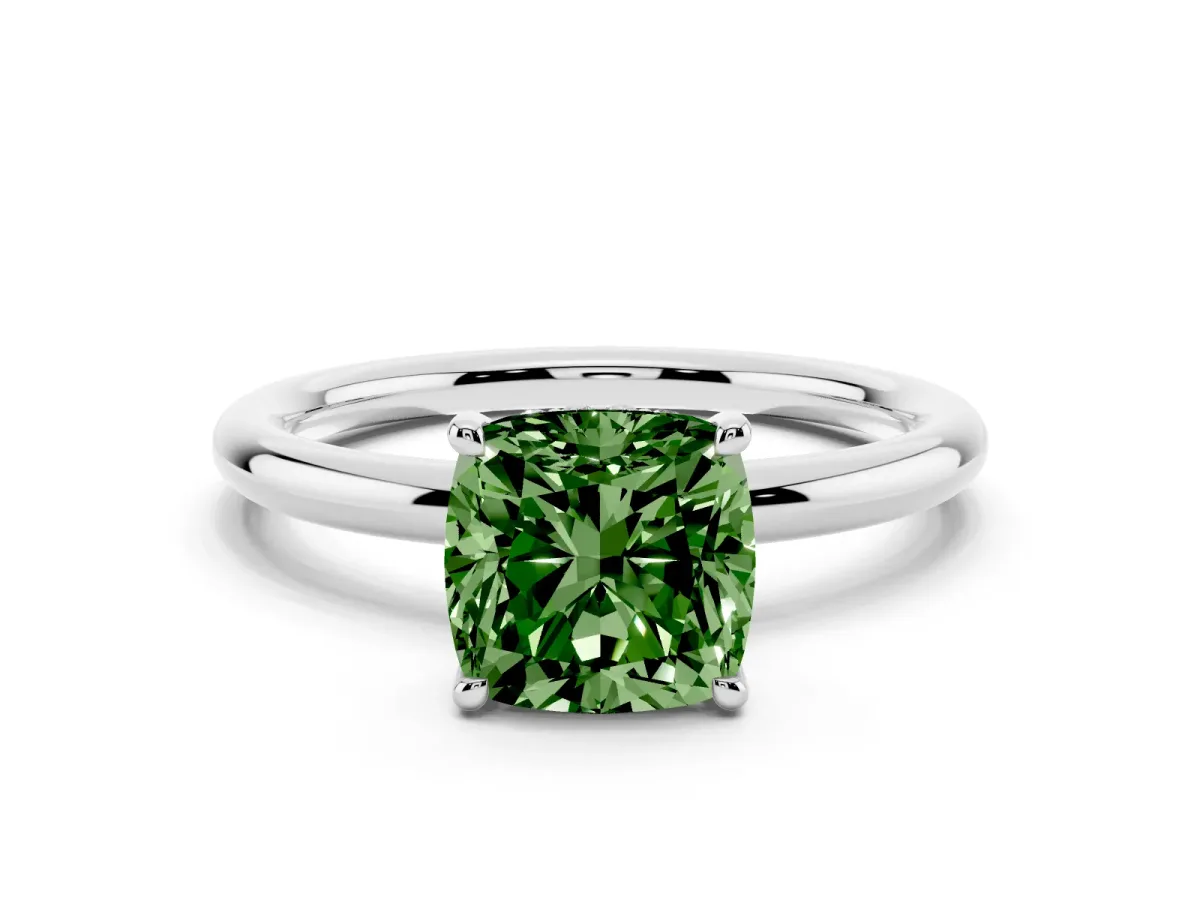 Fancy Green Cushion Cut Diamond Solitaire Ring with Thin Band and Four-Prong Setting Silver