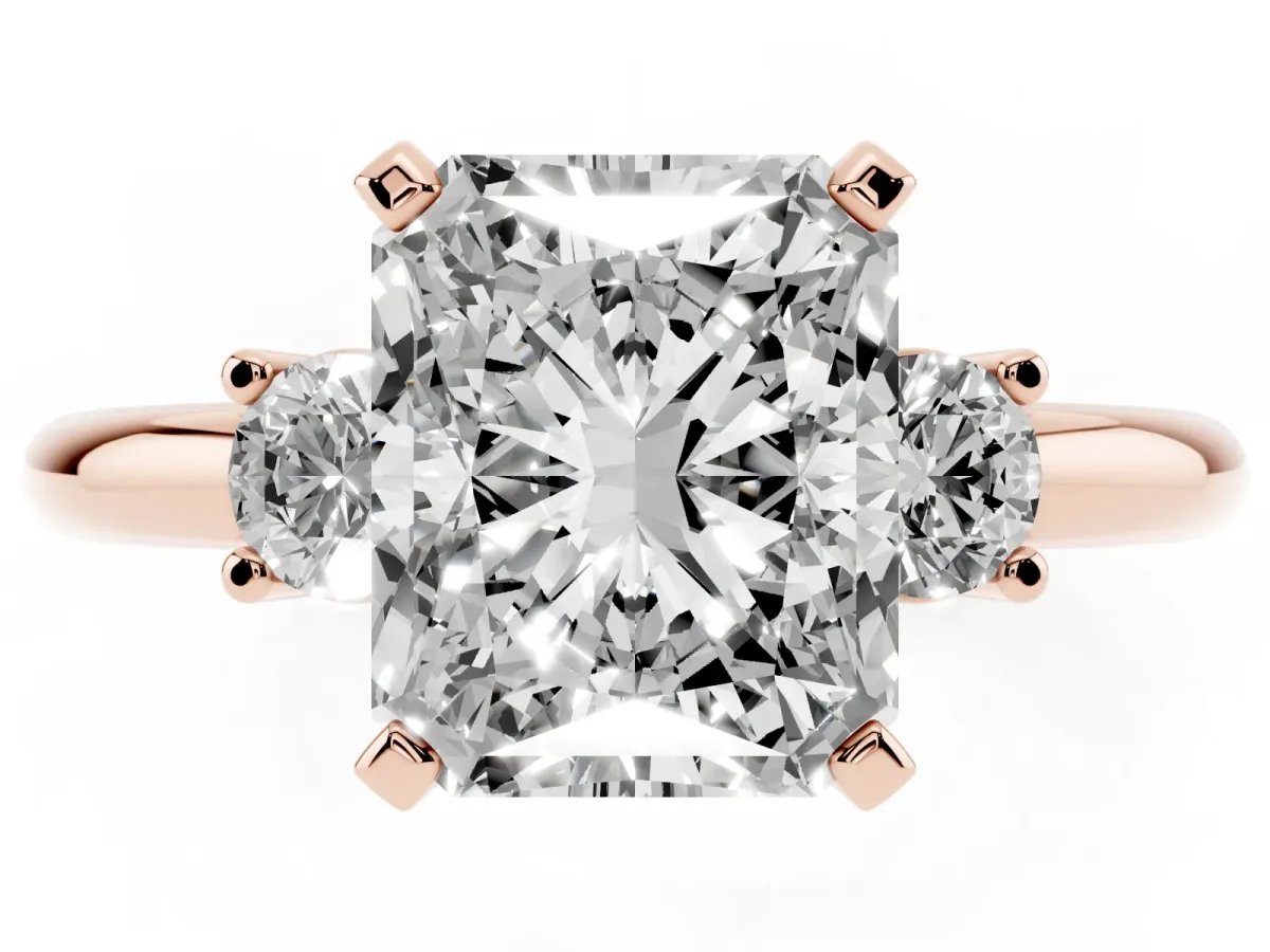 Three-Stone Radiant Cut Cut Diamond Solitaire with Prong Setting and Classic Band Rose gold