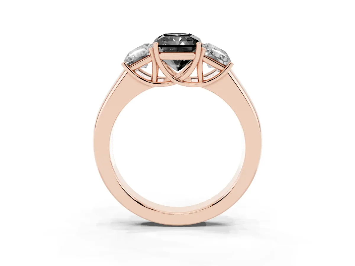 Fancy Black Three-Stone Radiant Cut Cut Diamond Ring with Prong Setting and Classic Band Rose gold