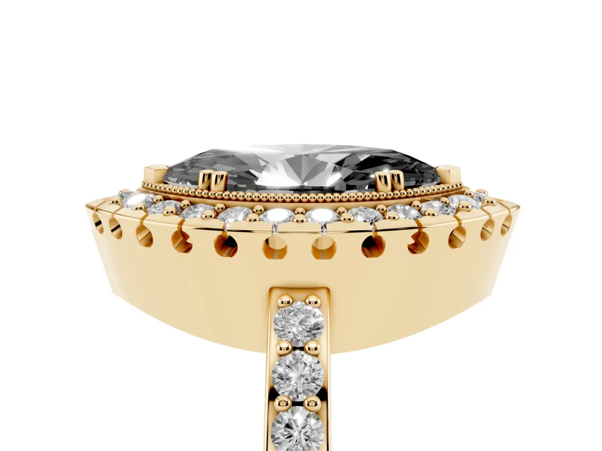 Fancy Black Marquise Cut Diamond Halo Ring with Pavé Band and Prong Setting Yellow gold