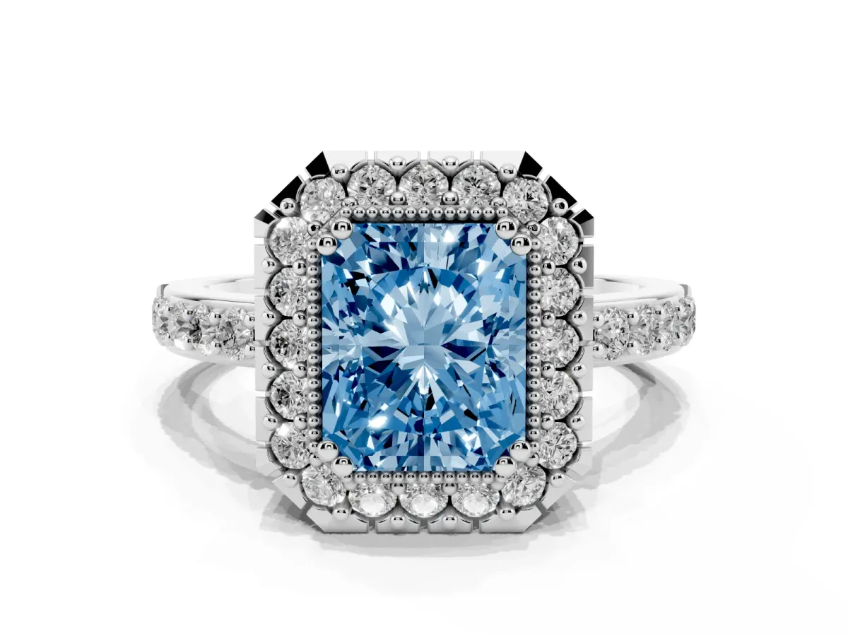 Fancy Blue Radiant Cut Diamond Halo Ring with Pavé Band and Prong Setting Platinum