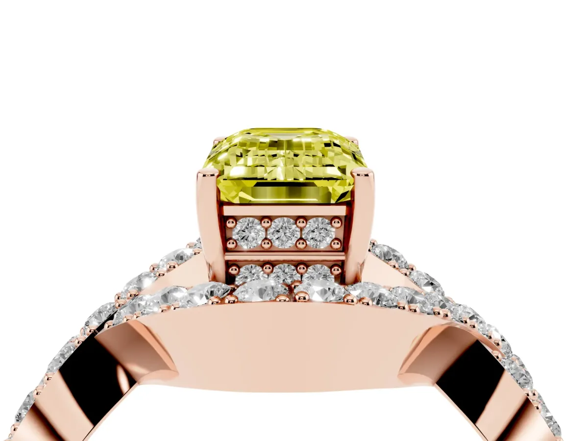 Fancy Yellow Emerald Cut Solitaire Twist Band Pavé Diamond Engagement Ring Rose gold
