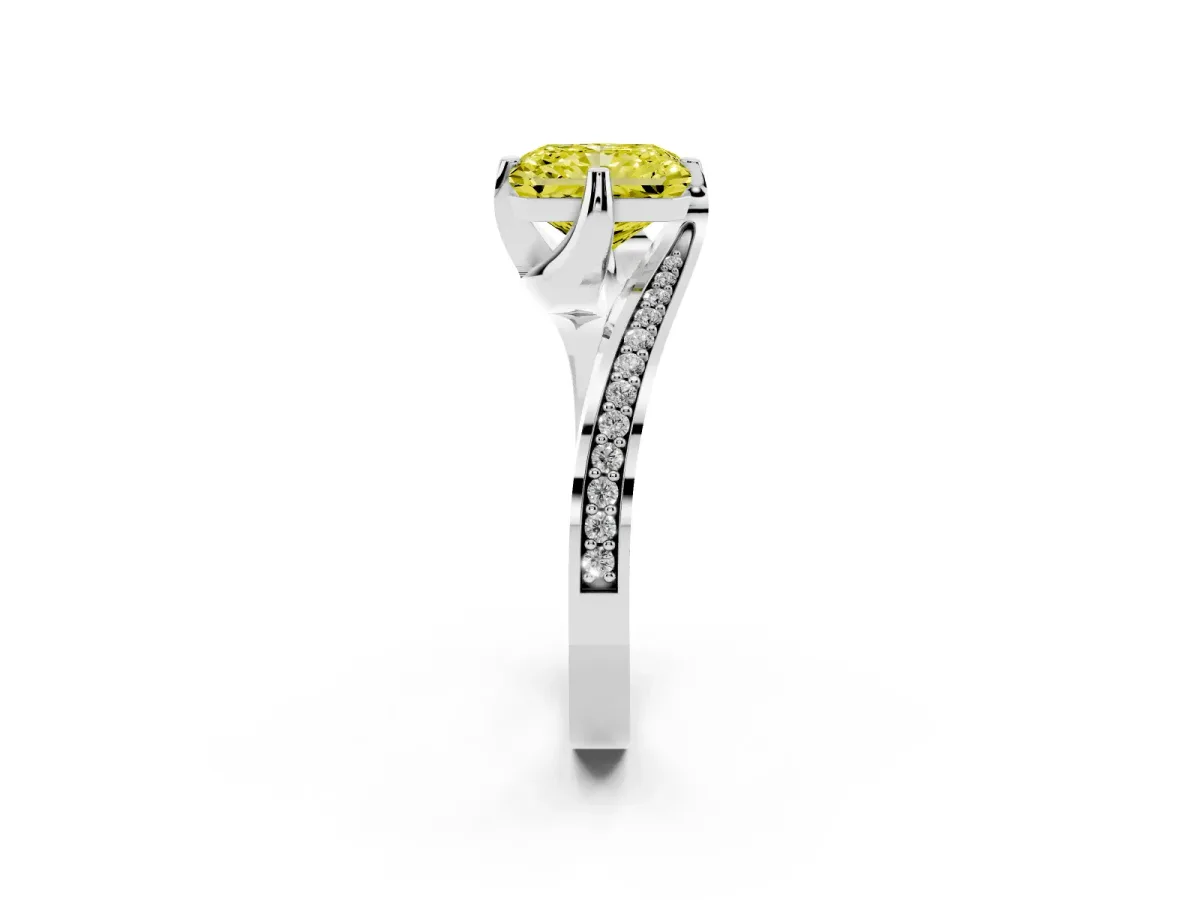 Fancy Yellow Radiant Cut Solitaire Diamond Twist Band with Pavé Setting and Four-Prong Setting Platinum