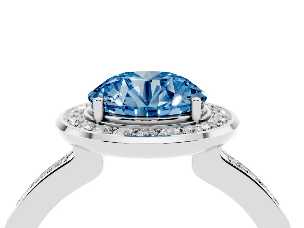 Fancy Blue Round Cut Diamond Halo Ring with Bezel Frame and Pavé Band Silver