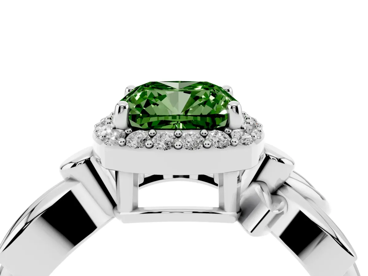 Fancy Green Cushion Cut Halo Diamond Floral Band with Four-Prong Setting White gold