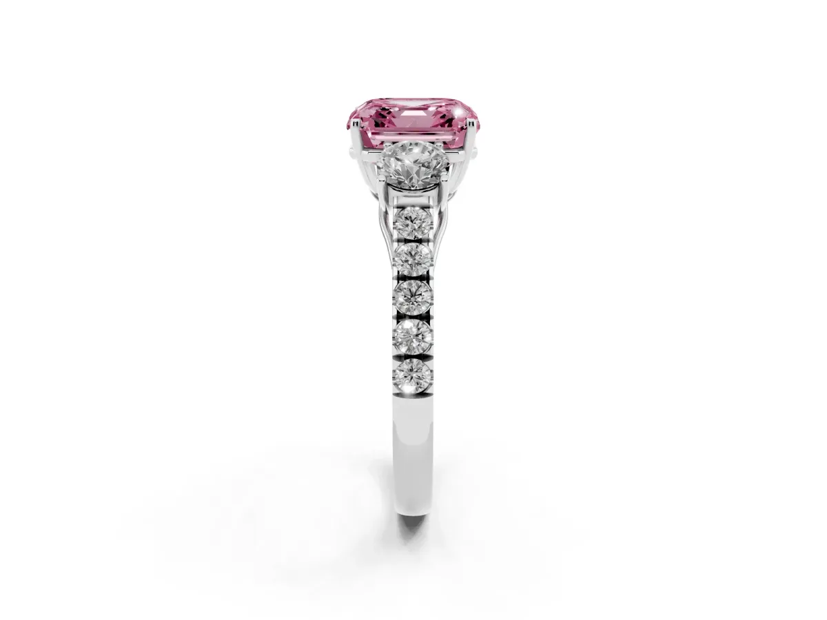 Fancy Pink Asscher Cut Cut Diamond Three-Stone Ring with Round Side Stones and Pavé Band Silver