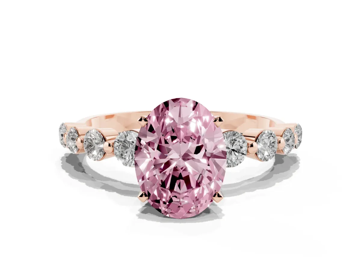 Fancy Pink Oval Cut Solitaire Diamond Ring with Pave Band and Four-Prong Setting Rose gold