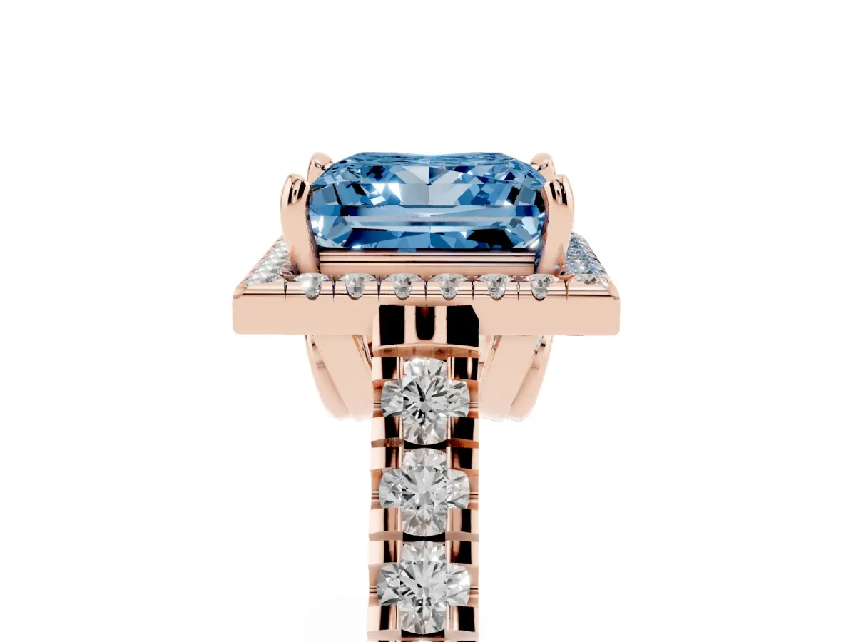 Fancy Blue Princess Cut Halo Pavé Diamond Engagement Ring with Four-Prong Setting Rose gold