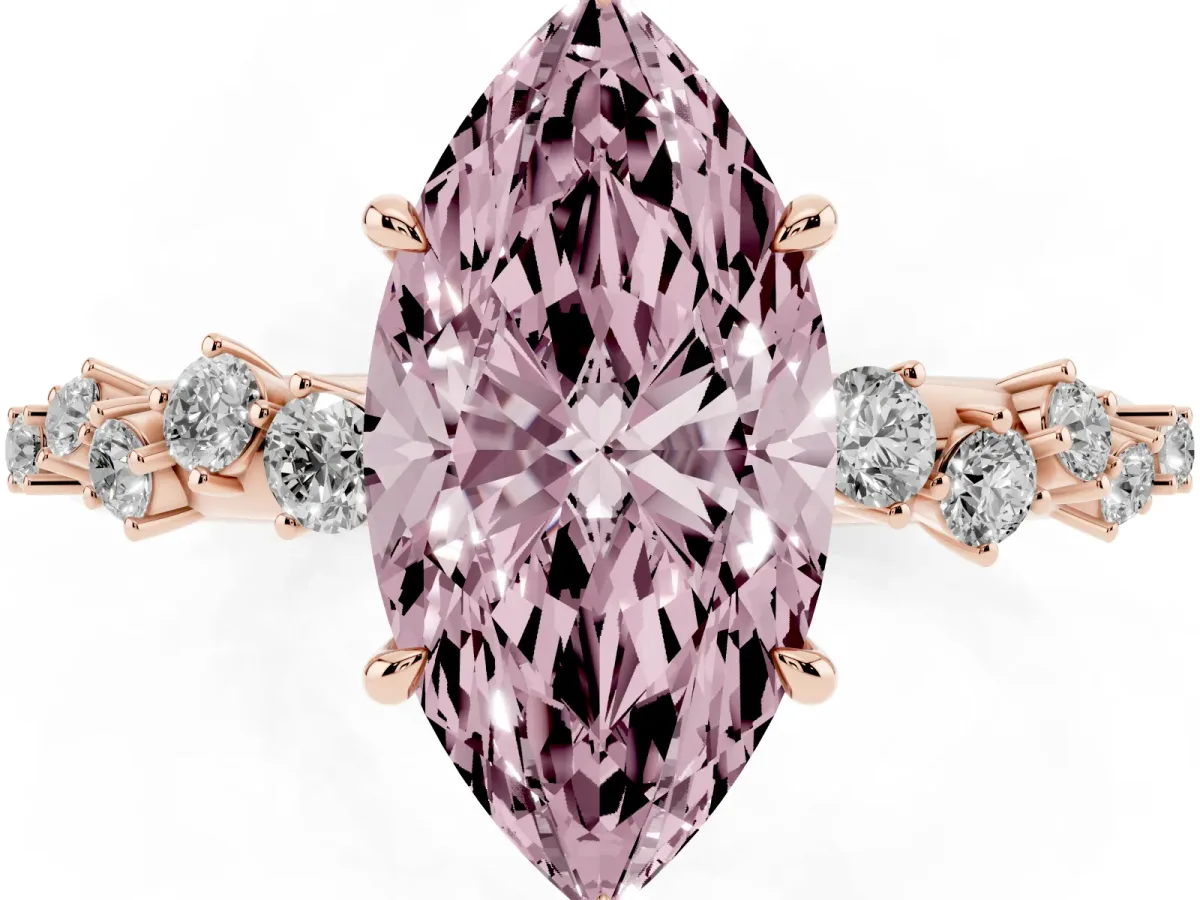 Fancy Pink Marquise Cut Diamond Cluster Side Stone Solitaire Ring with Prong Setting Rose gold