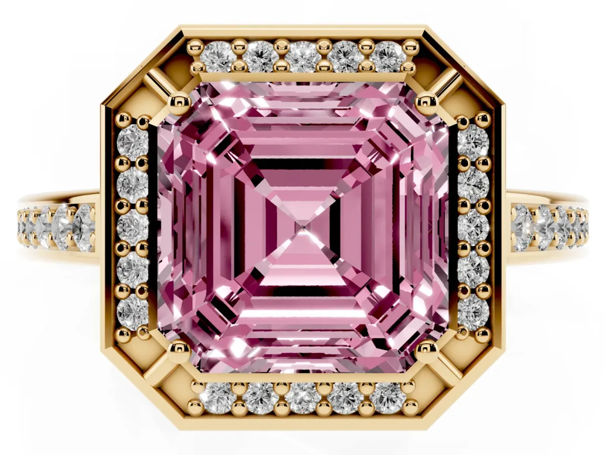 Fancy Pink Asscher Cut Cut Halo Pave Split Shank Prong Setting Ring Yellow gold