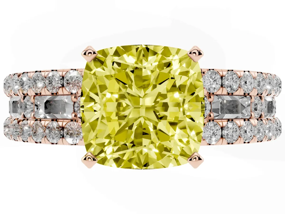 Fancy Yellow Cushion Cut Diamond Solitaire Ring with Pavé and Channel Set Band Rose gold