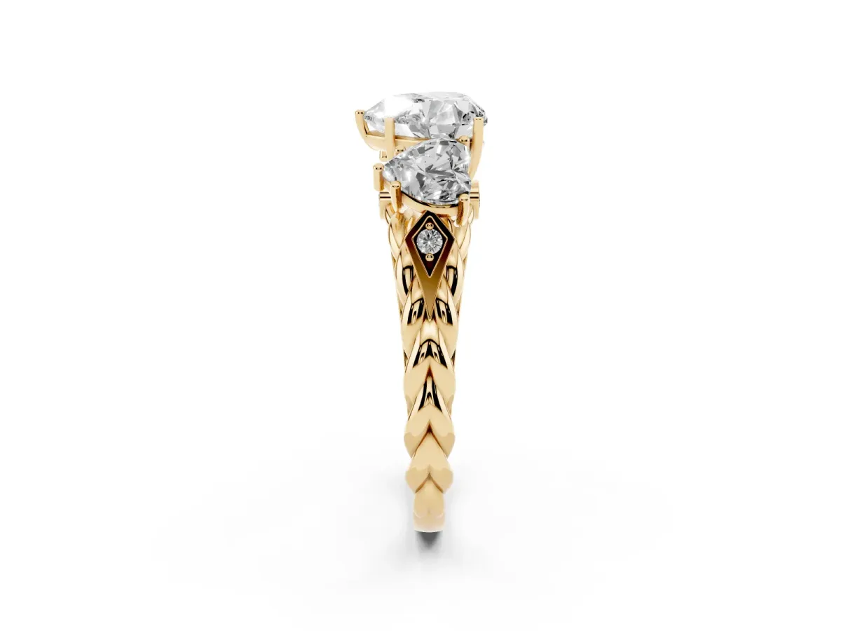 Three-Stone Heart Cut Diamond Braided Band Ring with Four-Prong Setting Yellow gold