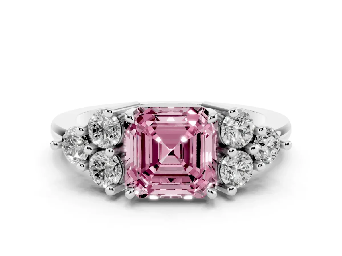 Fancy Pink Asscher Cut Brilliant Diamond Cluster Accent Solitaire Ring with Prong Setting Silver