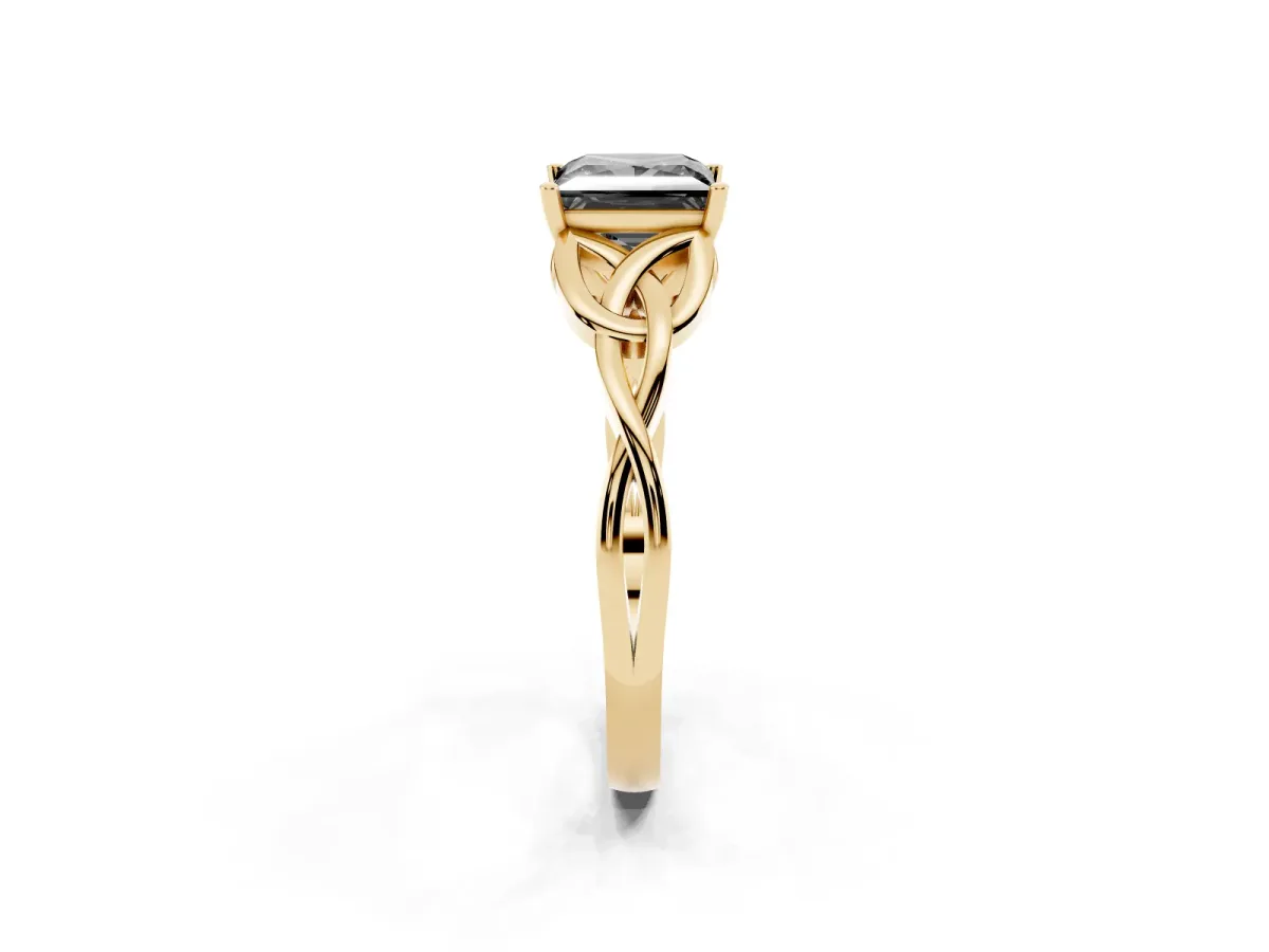 Fancy Black Princess Cut Diamond Solitaire Engagement Ring with Celtic Knot Band and Four-Prong Setting Yellow gold