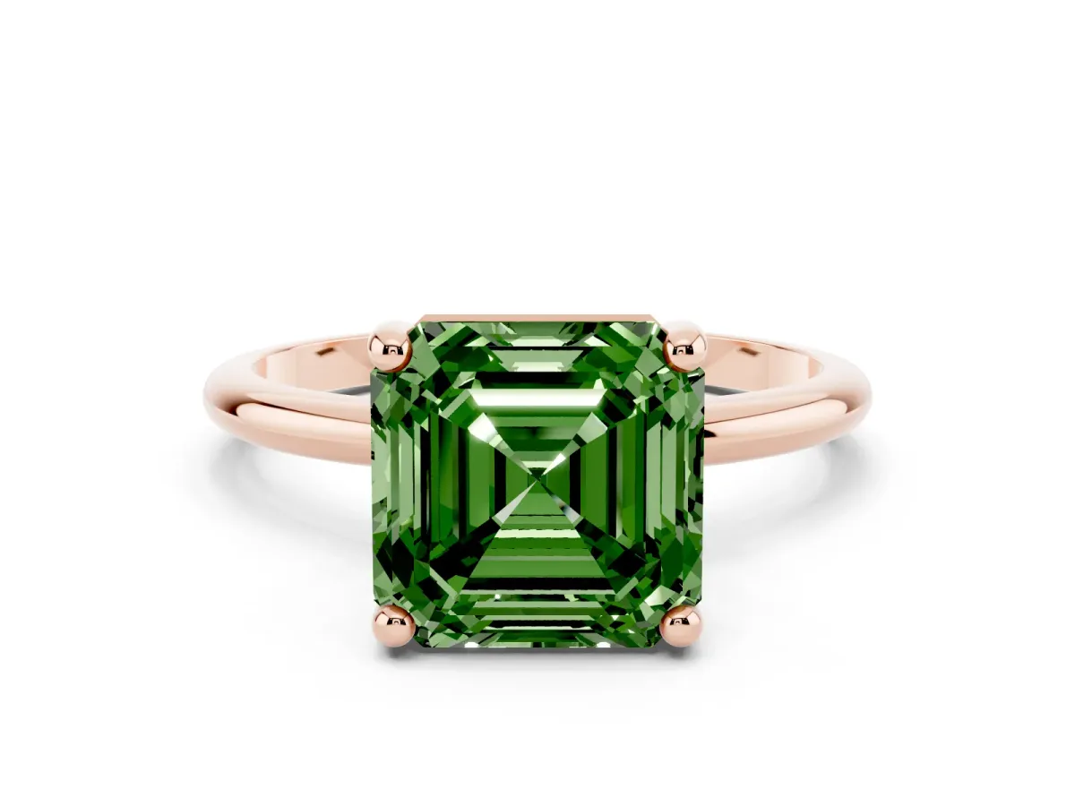 Fancy Green Asscher Cut Solitaire Diamond Ring with 4-Prong Setting on a Classic Band Rose gold
