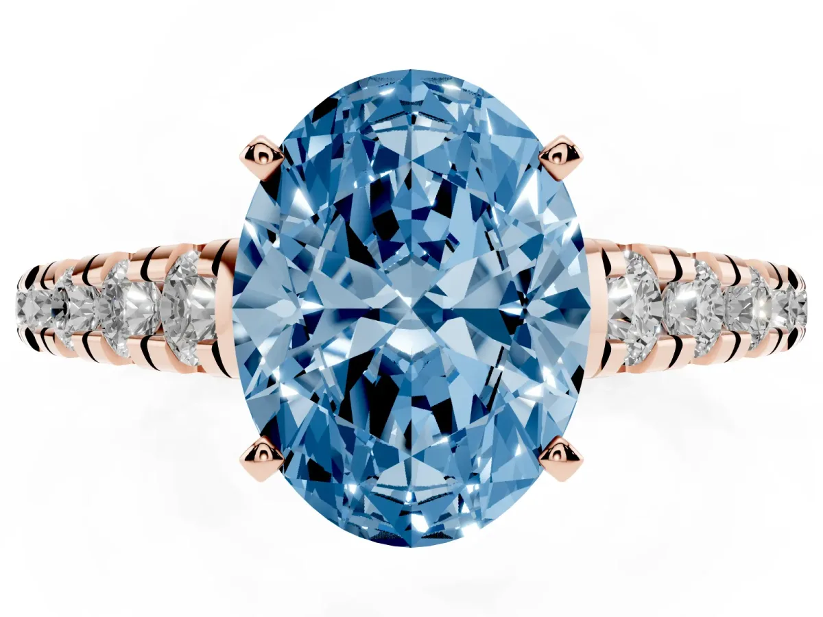 Fancy Blue Oval Cut Diamond Cathedral Solitaire Ring with Round Pavé Band Rose gold