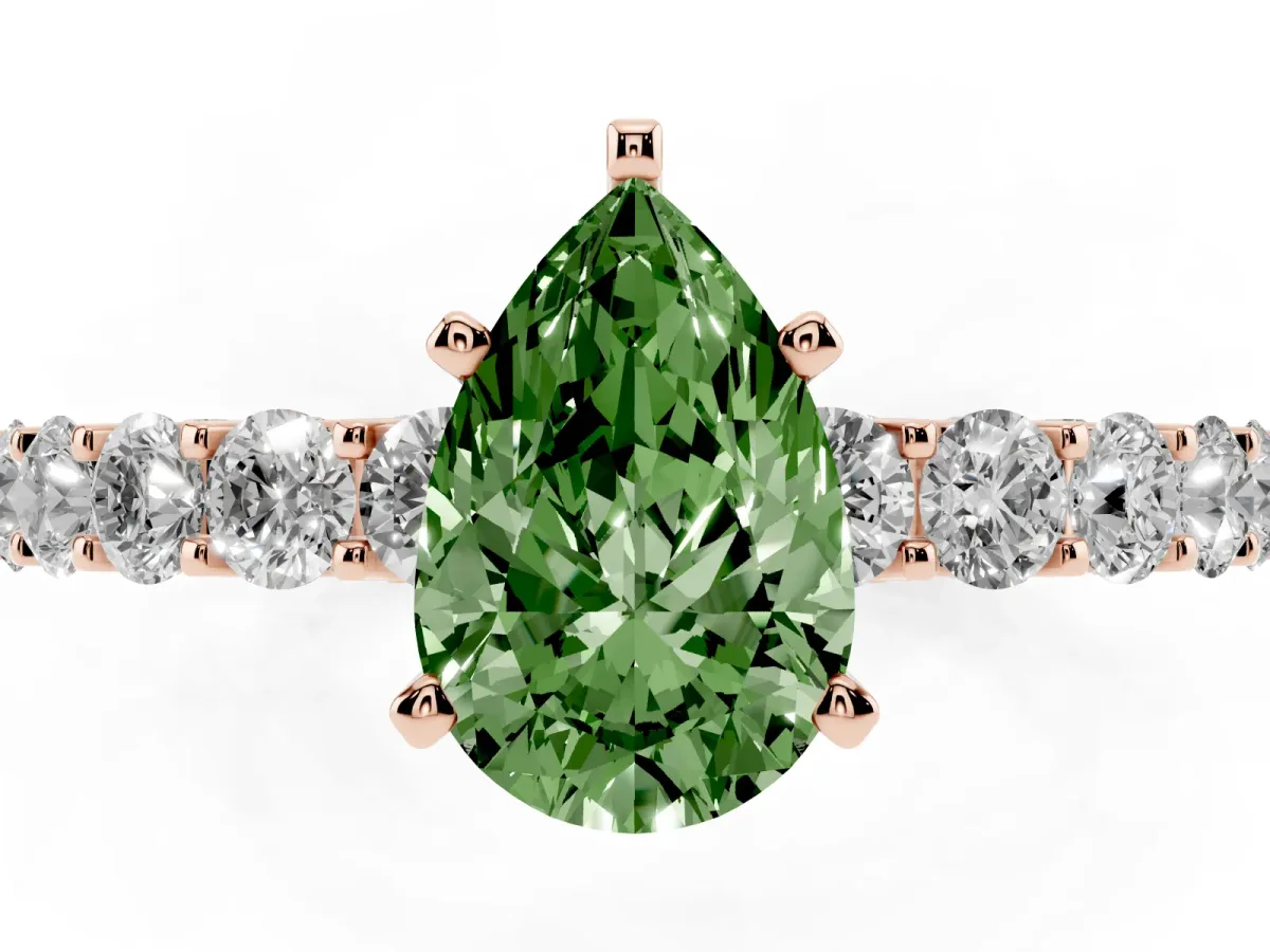 Fancy Green Pear Cut Diamond Solitaire Ring with Shared Prong Pavé Band and Four-Prong Setting Rose gold
