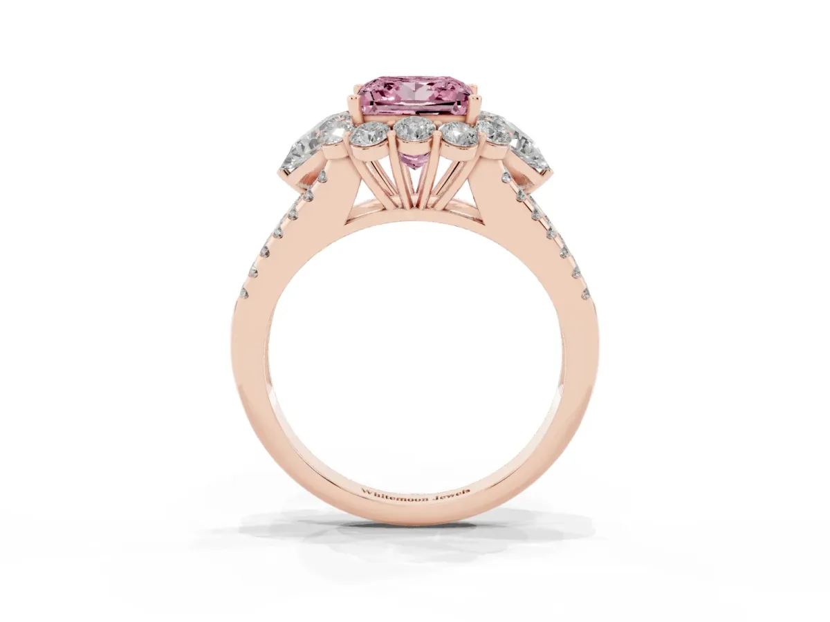 Fancy Pink Princess Cut Halo Split Shank Diamond Engagement Ring with Prong Setting Rose gold