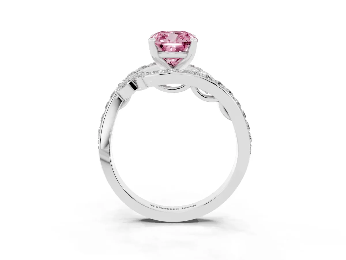Fancy Pink Cushion Cut Diamond Solitaire Ring with Filigree Band and Four-Prong Setting Silver