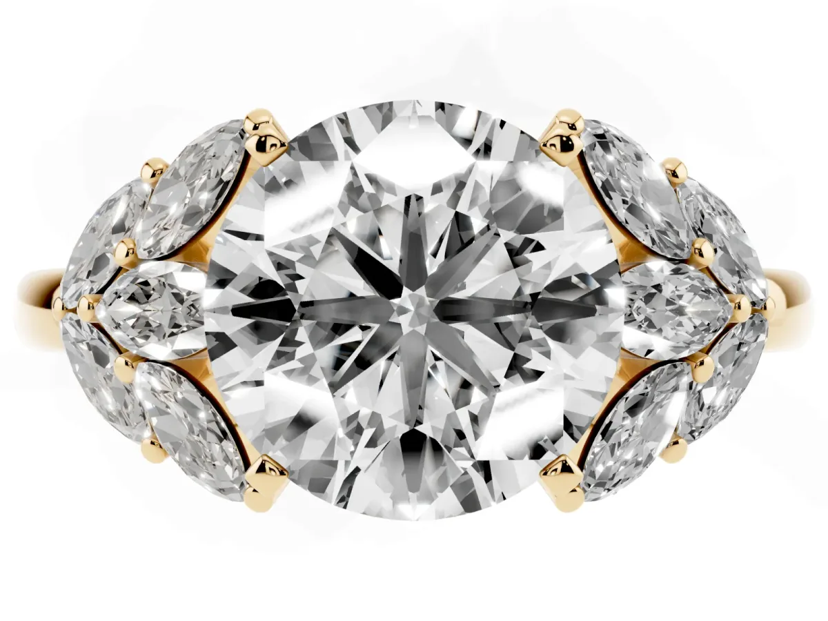 Round Cut Diamond Cluster Leaf Design Ring with Prong Setting Yellow gold