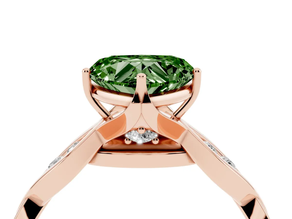 Fancy Green Heart Cut Solitaire Twist Band with Leaf Prong Setting Rose gold
