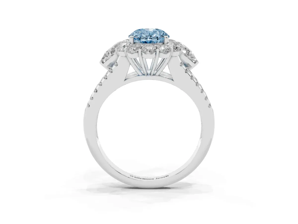 Fancy Blue Oval Cut Halo Split Shank Diamond Engagement Ring with Prong Setting Platinum
