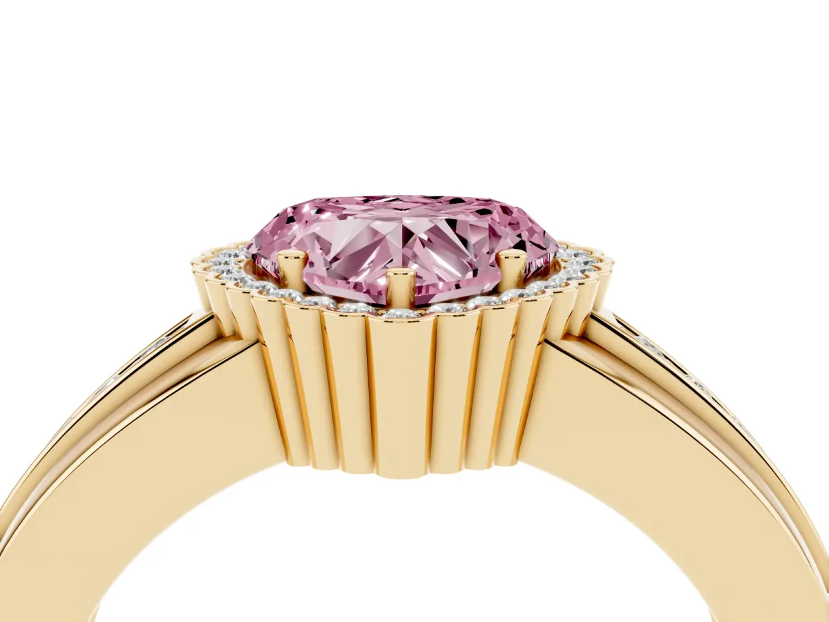 Fancy Pink Heart Cut Cut Halo Pave Band Four-Prong Ring Yellow gold