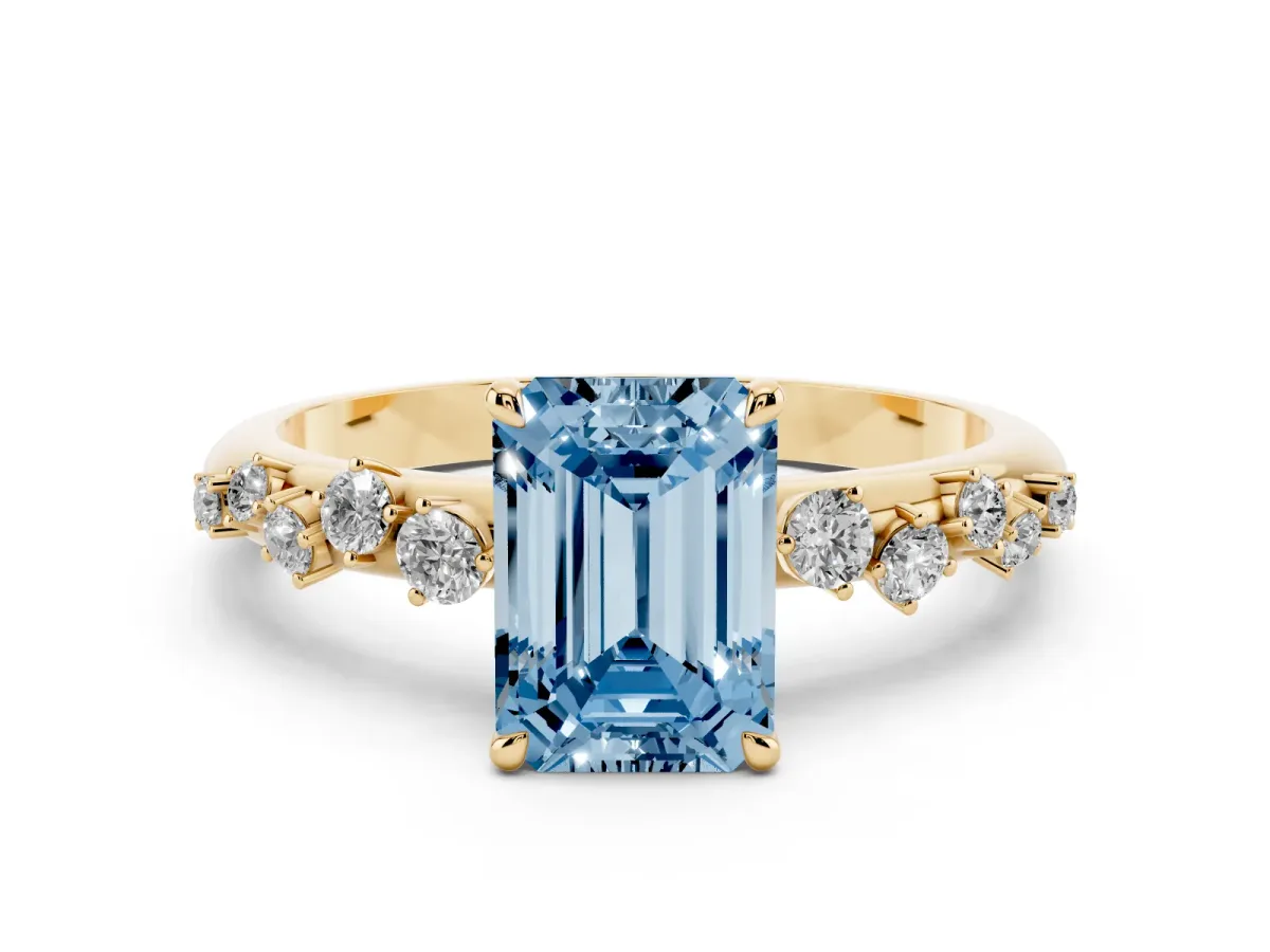Fancy Blue Emerald Cut Diamond Cluster Prong-Set Solitaire Ring Yellow gold
