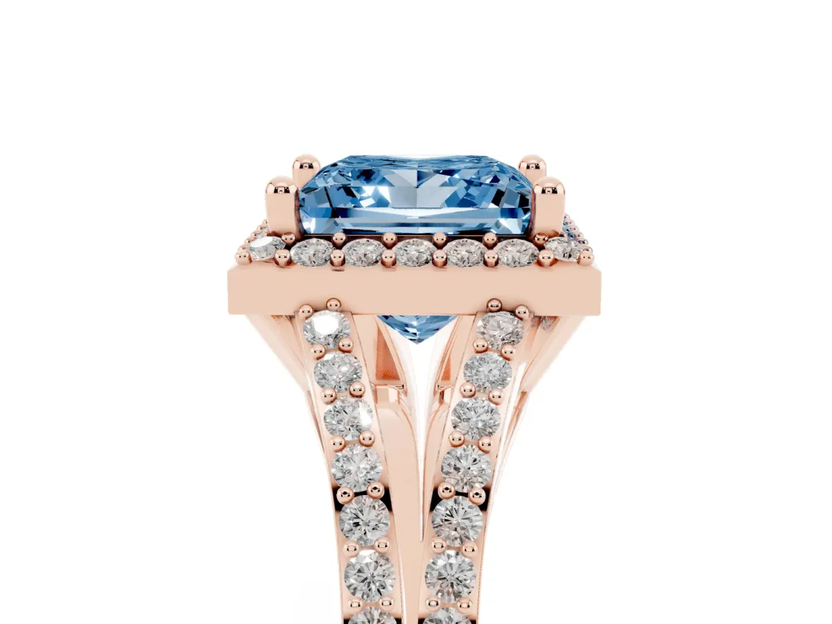 Fancy Blue Princess Cut Halo Split Shank Pave Diamond Ring with Four-Prong Setting Rose gold