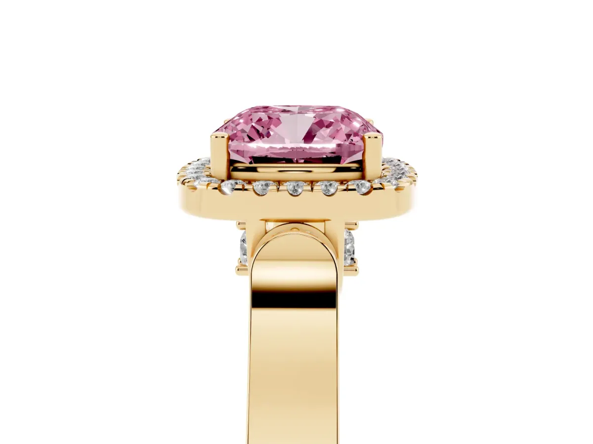 Fancy Pink Cushion Cut Halo Pave Split Shank Prong Setting Ring Yellow gold