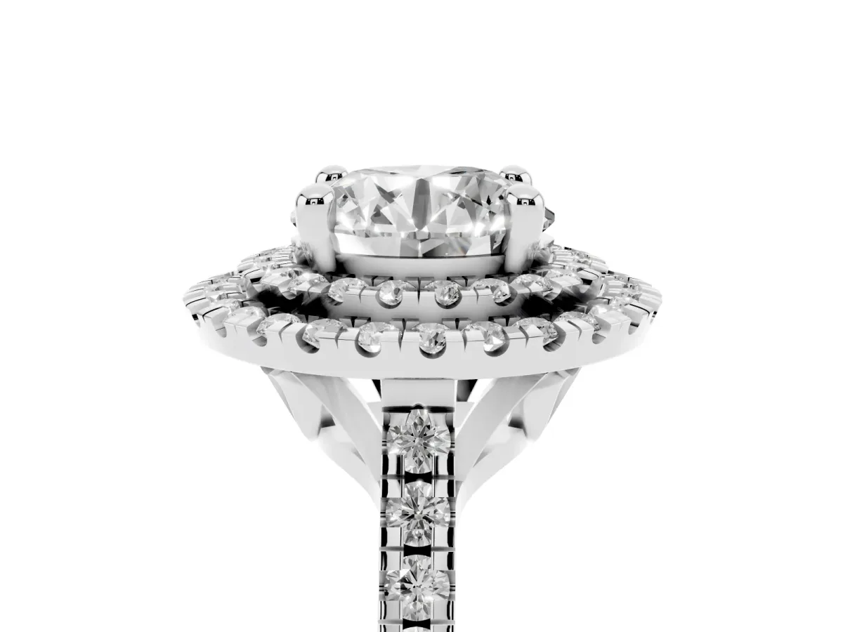 Double Halo Round Cut Diamond Pavé Band with Four-Prong Setting Silver