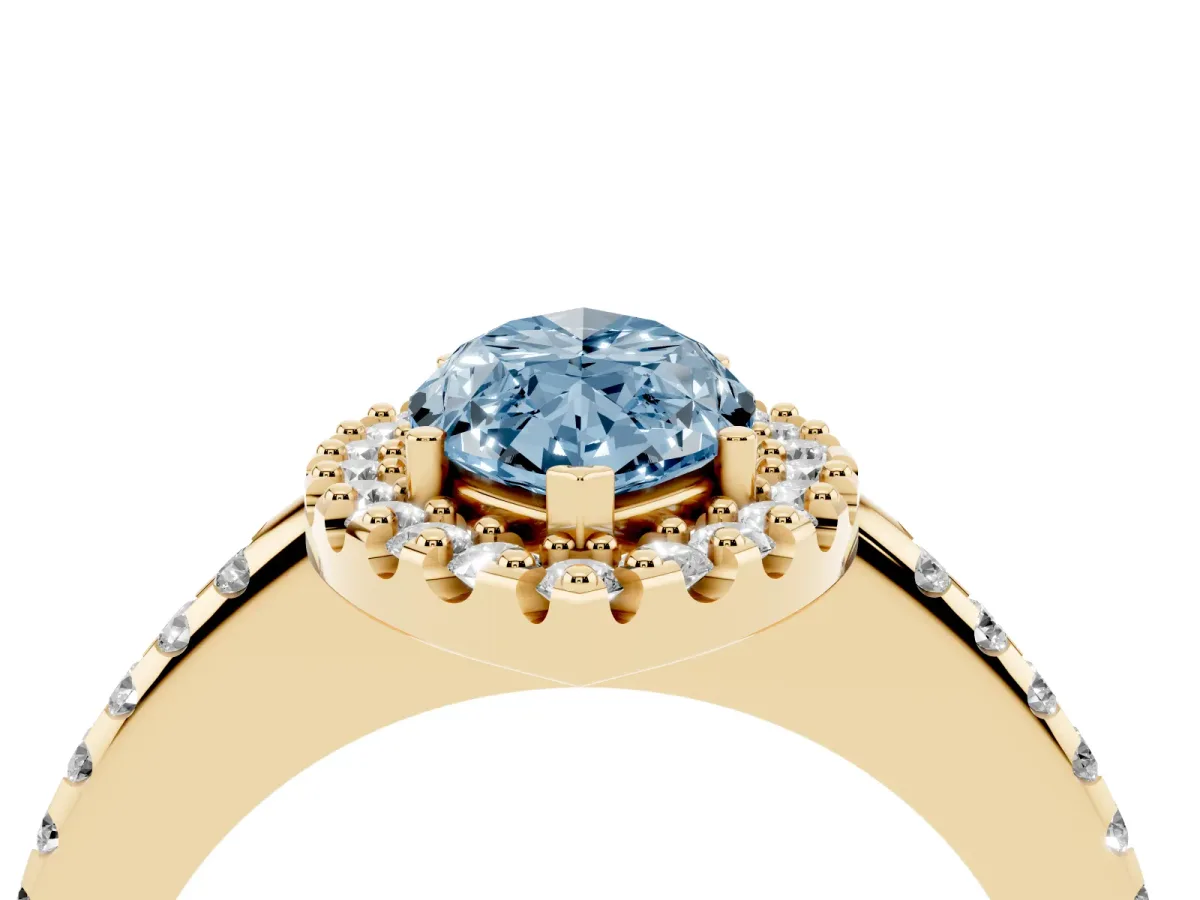 Fancy Blue Marquise Cut Diamond Pavé Halo Ring with Four-Prong Setting Yellow gold