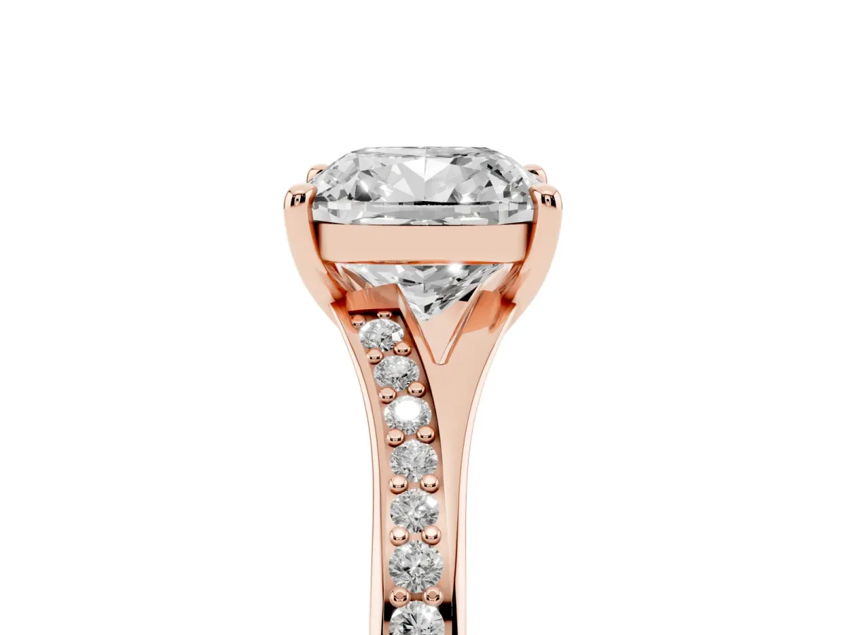 Cushion Cut Diamond Solitaire Ring with Pavé Band and Prong Setting Rose gold