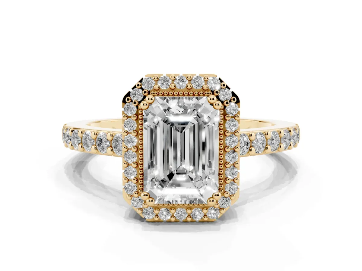 Emerald Cut Cut Diamond Halo Engagement Ring with Milgrain Detail and Pavé Band Yellow gold