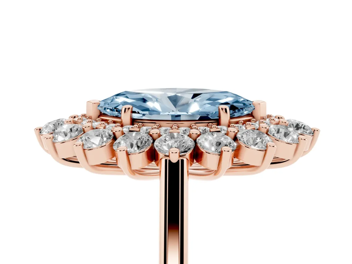 Fancy Blue Marquise Cut Diamond Floral Double Halo Engagement Ring with Prong Setting Rose gold