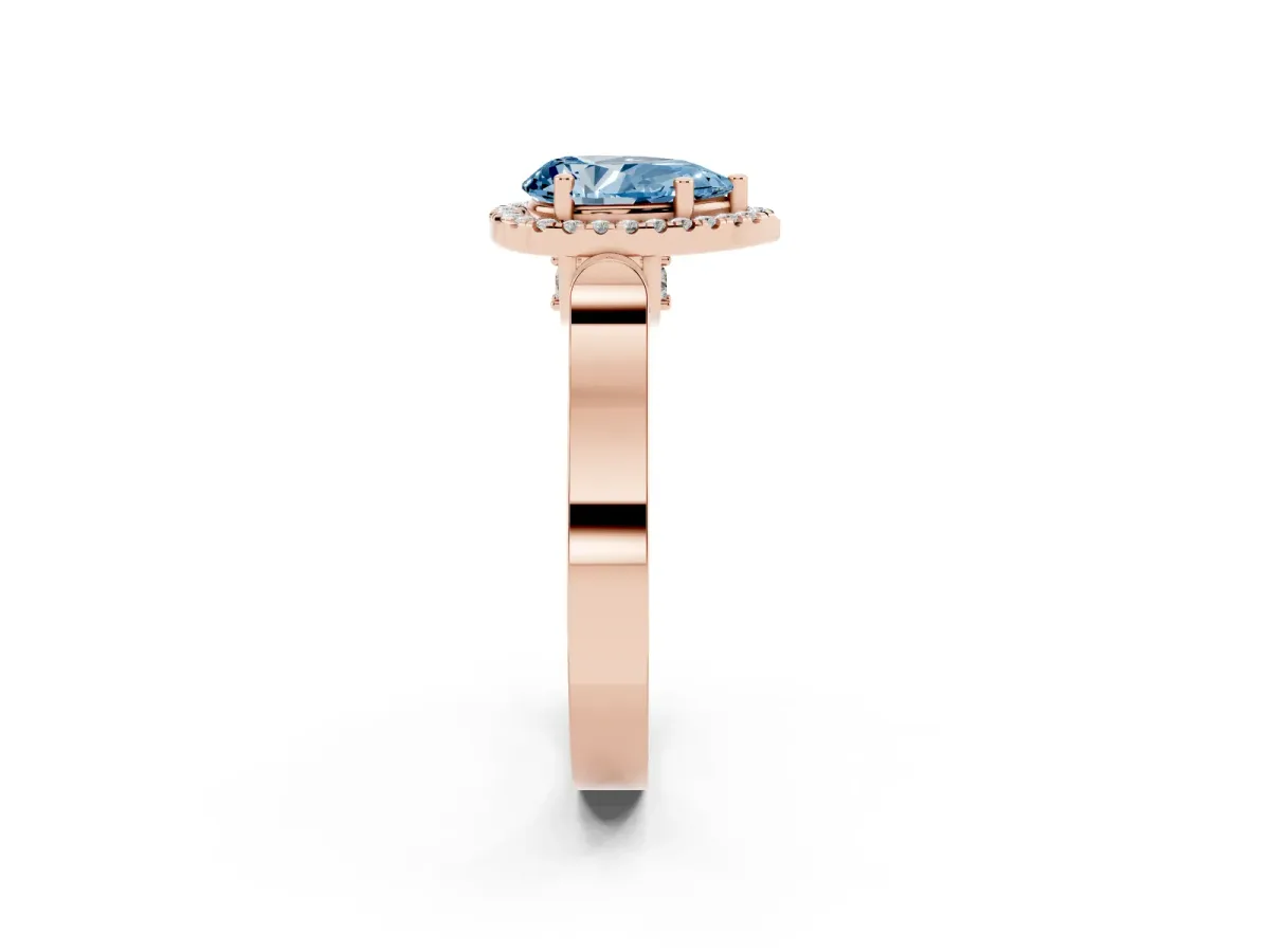 Fancy Blue Pear Cut Halo Pave Split Shank Prong Setting Ring Rose gold