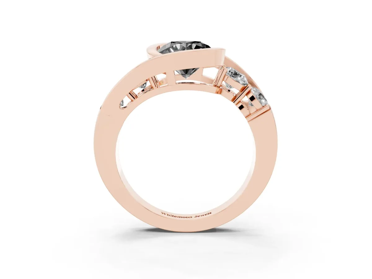 Fancy Black Bezel Set Round Cut Diamond Bypass Ring with Round Accents Rose gold