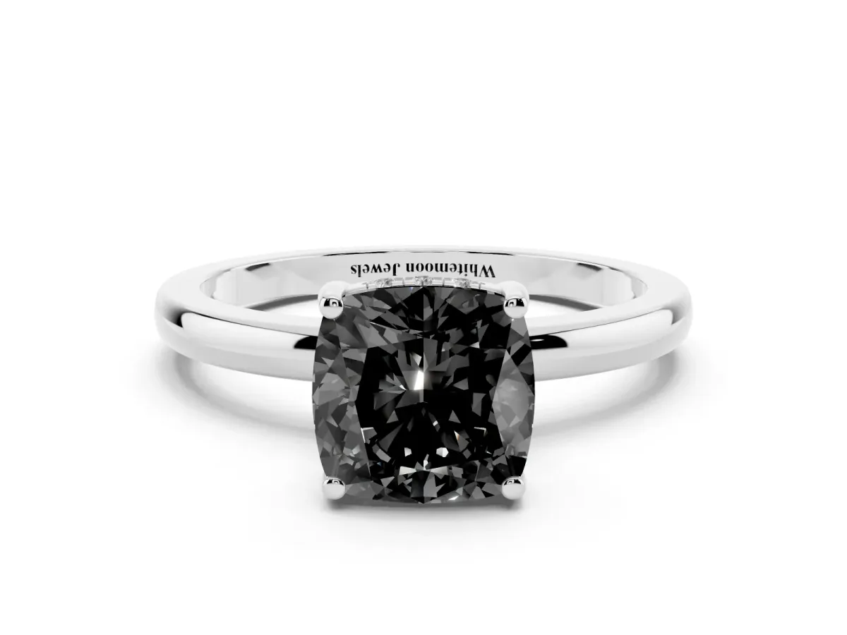 Fancy Black Cushion Cut Solitaire Diamond Ring with Prong Setting and Plain Band Platinum