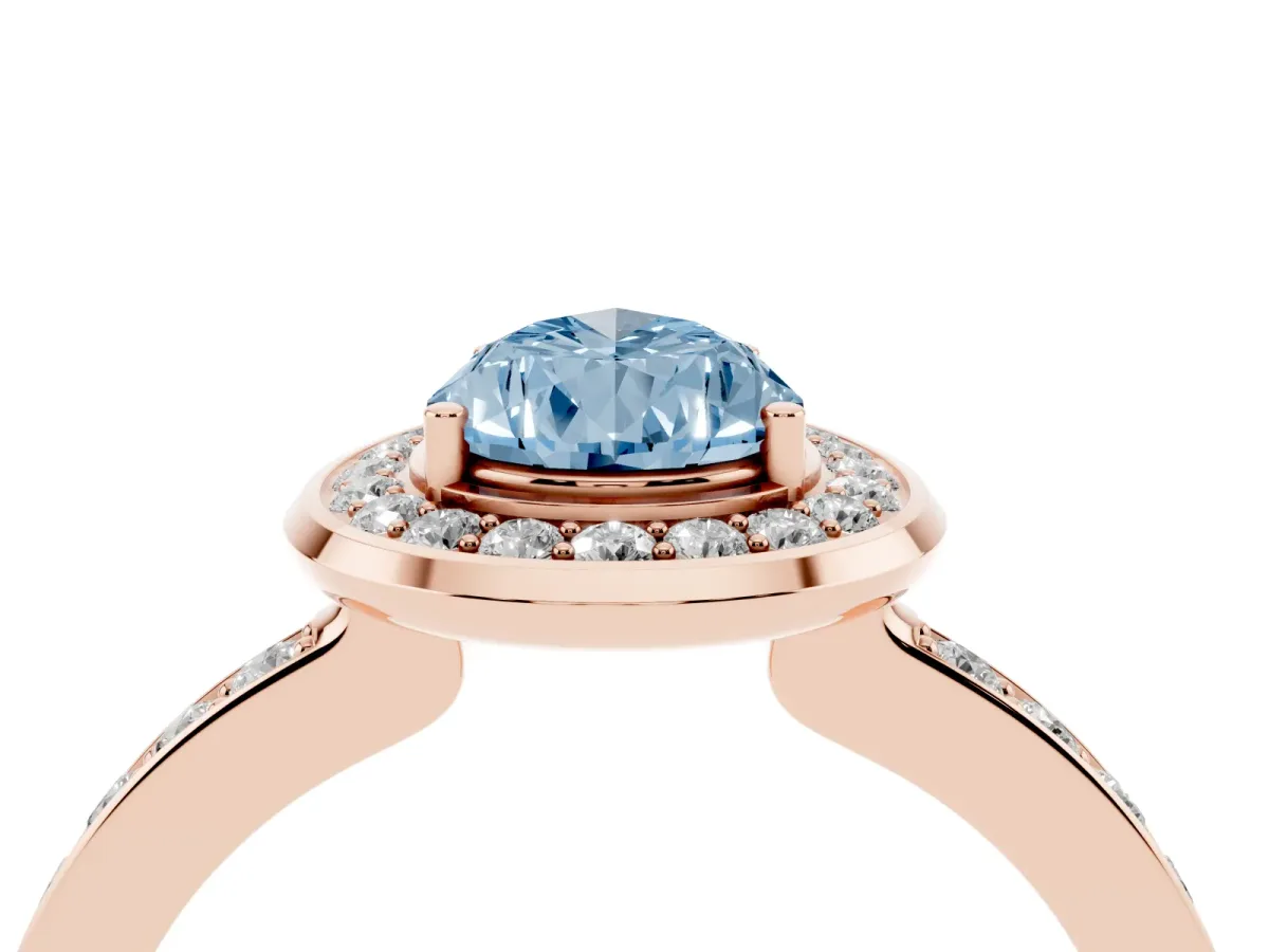Fancy Blue Pear Cut Diamond Halo Ring with Bezel Frame and Pavé Band Rose gold