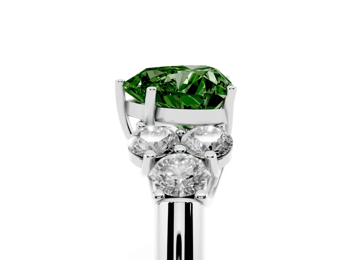 Fancy Green Heart Cut Cut Diamond Cluster Ring with Round Accent Stones and Prong Setting on a Classic Band White gold