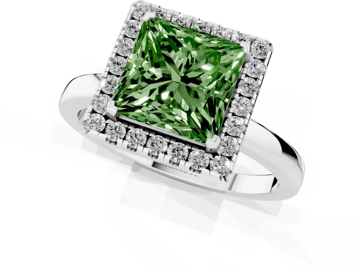 Fancy Green Princess Cut Halo Diamond Solitaire with Pavé Band and Four-Prong Setting Silver