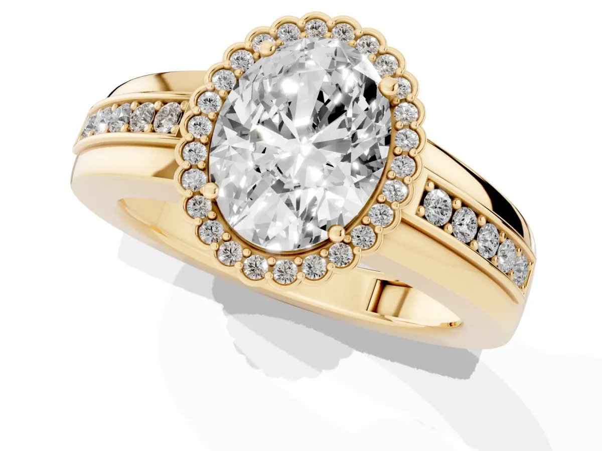 Oval Cut Cut Halo Pave Band Four-Prong Ring Yellow gold